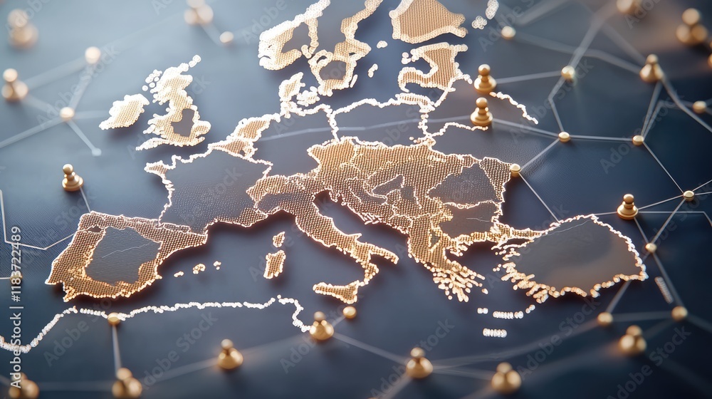 Poster a detailed map of europe with a modern, digital design, highlighted by interconnected nodes, symboli