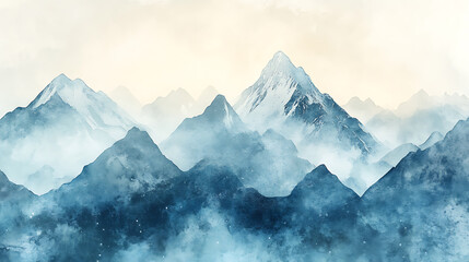 Watercolor mountain background, luxurious mountainous terrain in oriental style, wallpaper design, prints and invitations, postcards, snowy mountains, 3d illustration