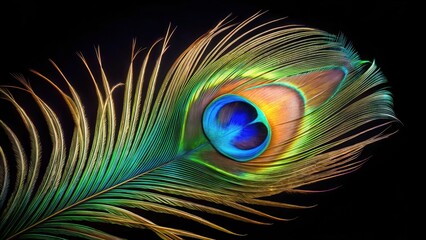 Obraz premium Vibrant peacock feather with intricate eyespots against a sleek black background, showcasing its majestic beauty , bird