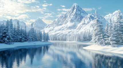 Winter landscape with white mountains, snow and firs on the river bank 3d illustration