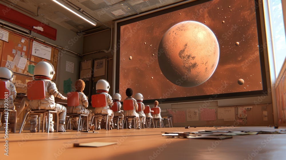 Poster a classroom of children in spacesuits watches a large screen displaying mars, sparking curiosity and