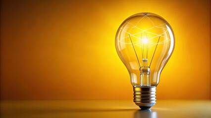 Illuminated light bulb on a bright yellow background with intricate filaments and a warm glow, creating a sense of innovation and creativity, discovery, bulb