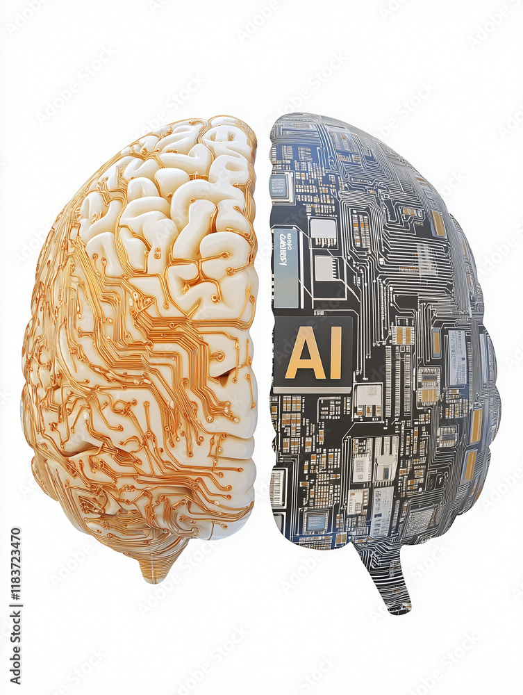 Poster human brain vs ai circuitry: a striking digital illustration depicting a human brain seamlessly merg