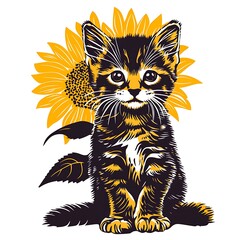 Cute kitten with sunflower. Graphic design. Possible use for merchandise