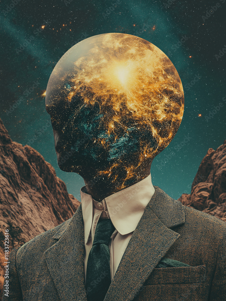 Poster cosmic mind: surreal portrait of a man with a exploding planet head
