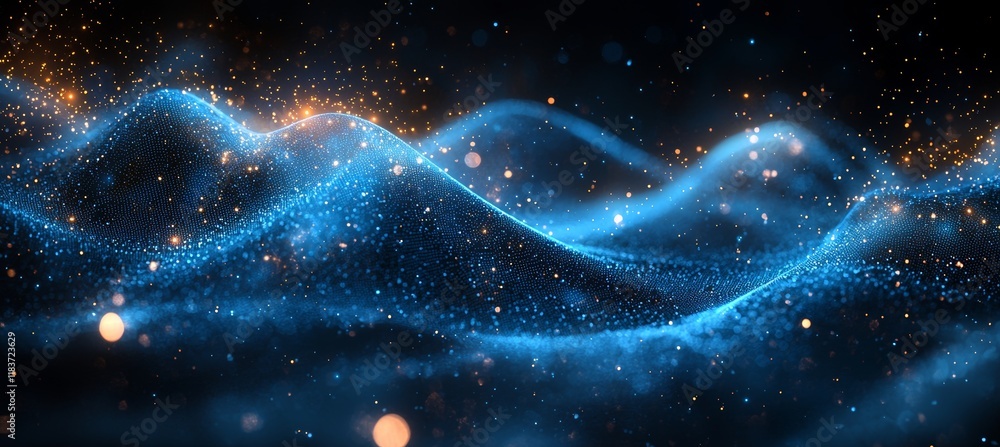 Poster wave-like abstract mesh made of connected dots and lines, visualized in a 3d rendering