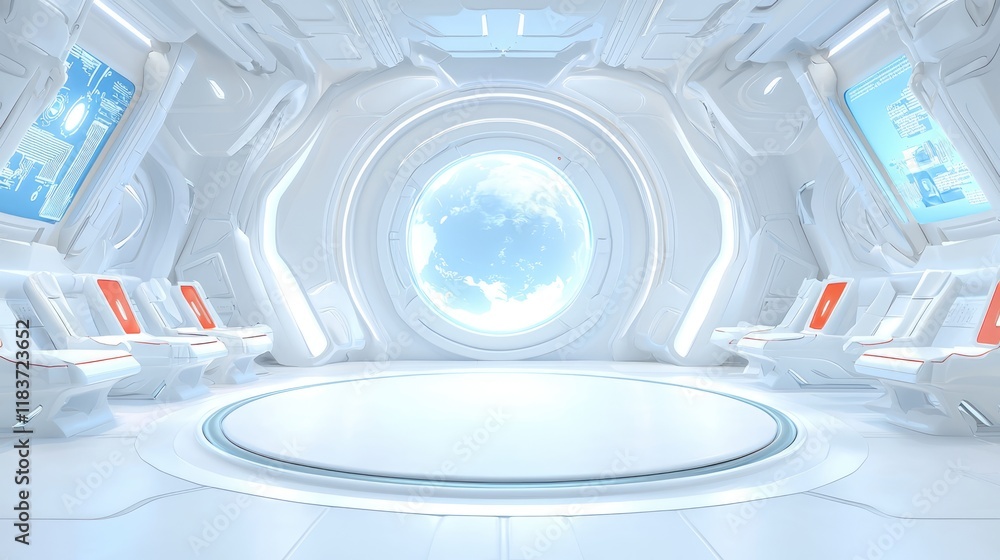 Poster a futuristic, white interior space features a large circular window with a view of earth, complement