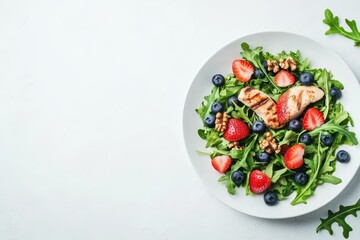 Healthy salad with arugula blueberries and walnuts featuring grilled chicken and herbs on a white table Nutritious option for clean eating