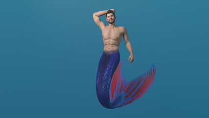 3D render: a merman creature character is swimming the deep blue sea