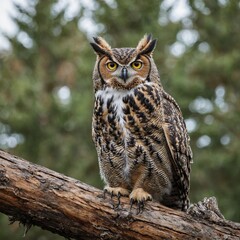 Obraz premium A great horned owl perched on a log, its large eyes watching, with a white background.