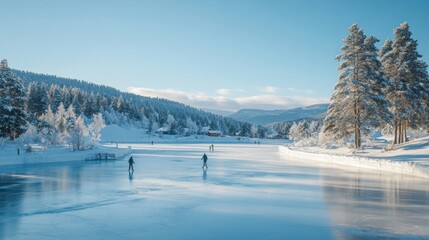 Winter Wonderland: Ice Skating on a Frozen Lake in the Mountains