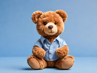 Obraz premium A cuddly brown teddy bear is sitting on a blue background, wearing a light blue shirt. Its soft fur and friendly expression make it a perfect
