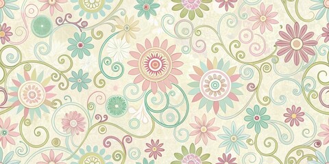 Whimsical swirly floral retro wallpaper with pastel colors and geometric patterns
