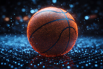 Glowing wireframe of an orange basketball with black grooves on a transparent background, highlighted by a combination of blue and black data points, symbolizing sports and technology.

