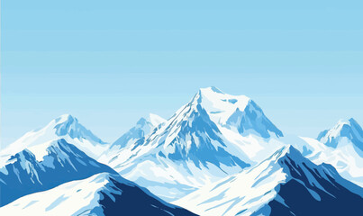 Minimalist Snow-Capped Mountain Peaks Against Clear Sky in Flat Vector Art