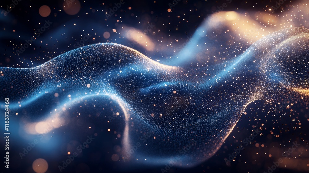 Poster a futuristic abstract mesh depicting a wave formed by luminous points and lines, illustrated in 3d r
