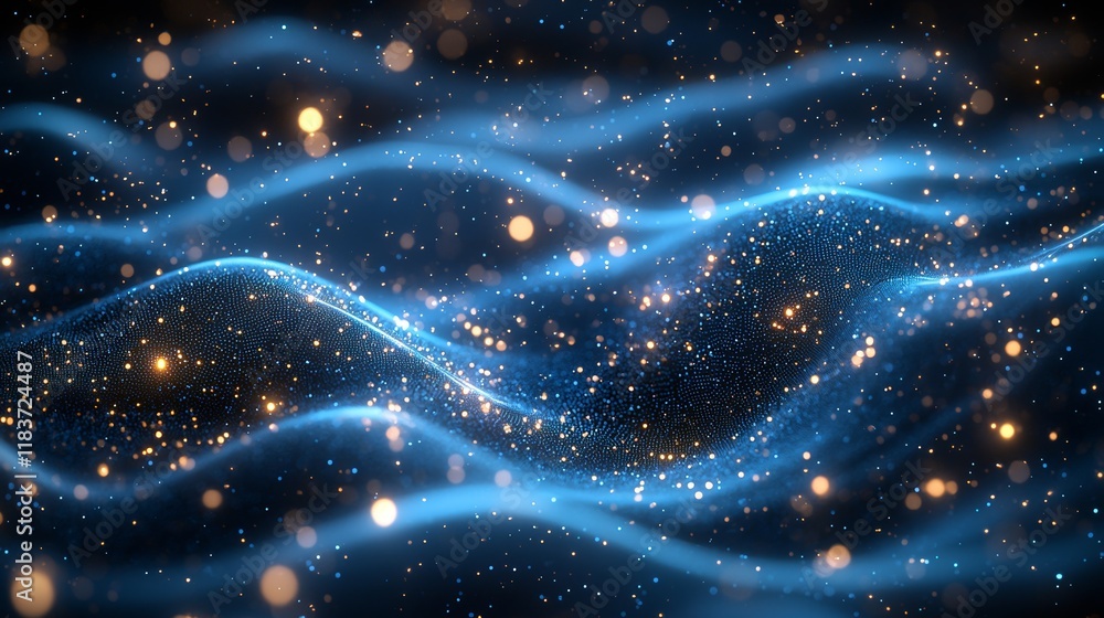 Poster futuristic abstract mesh featuring a wave composed of glowing points and lines, presented in 3d rend