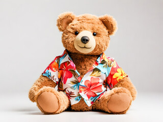 Obraz premium A classic teddy bear, given a modern twist with a tropical-print shirt, poses for the camera. Its soft fur and relaxed