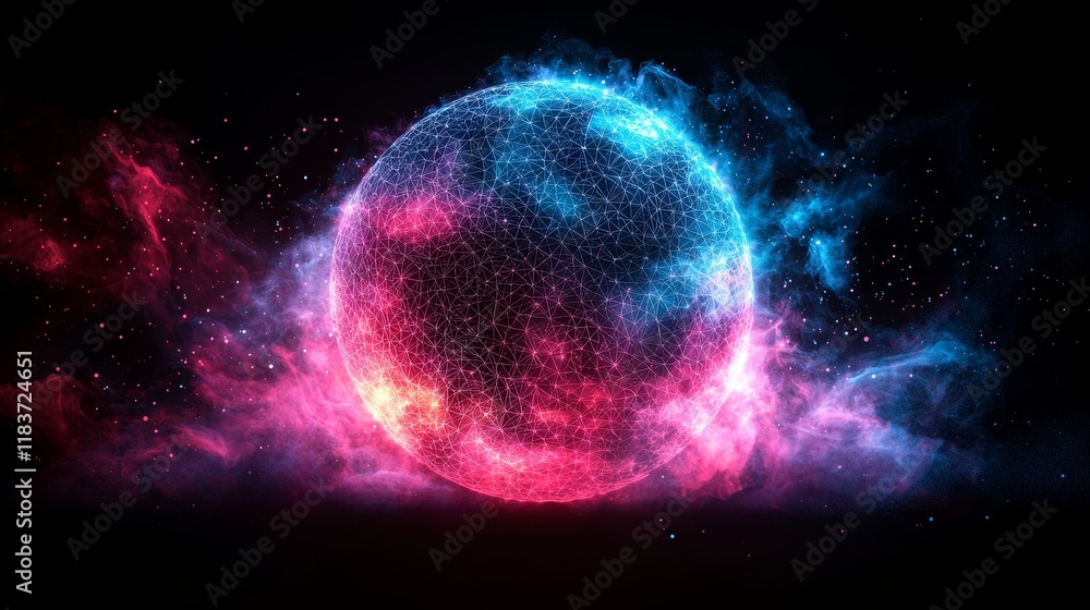 Poster the design features an abstract science and technology background, with a sphere planet circle in bl