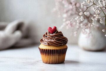 Vanilla cupcake muffin with a red heart on whipped mocha mousse with flowers on kitchen. Design template for love, sweets and cards for party, birthday and Valentine's day with place for text.