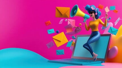 Woman Announcing Email Marketing Campaign on Laptop with Colorful Envelopes