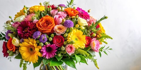 Vibrant colorful flowers arranged in a beautiful bouquet with lush greenery and delicate stems, set against a soft white background , lush greenery, colorful flowers