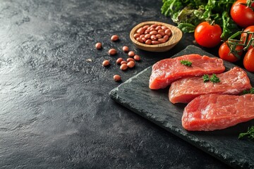 Healthy meal backdrop Organic options for nutrition featuring meat fish beans and vegetables Overhead view on a dark stone surface
