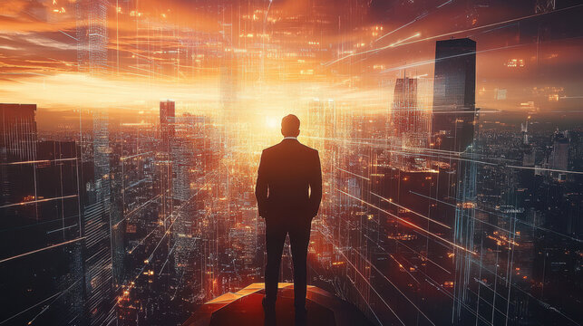 A businessman stands in front of a cityscape, surrounded by digital data, technology, and a global network concept