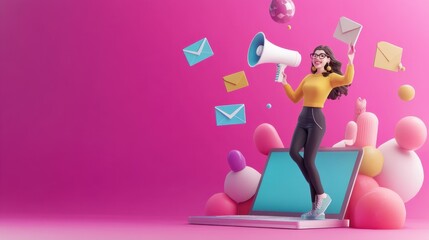 Digital Marketing Success Woman Announcing Deals via Laptop and Megphone Email Marketing Campaign