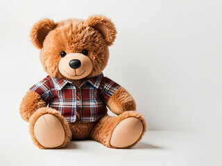 Fototapeta premium A stylish teddy bear is striking a pose in a plaid shirt, showcasing its fashionable side. It's soft fur and casual attire