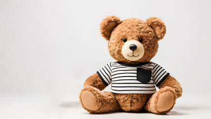 Obraz premium A classic brown teddy bear is wearing a stylish striped shirt, sitting against a clean white background. Its cool and casual look makes it the perfect