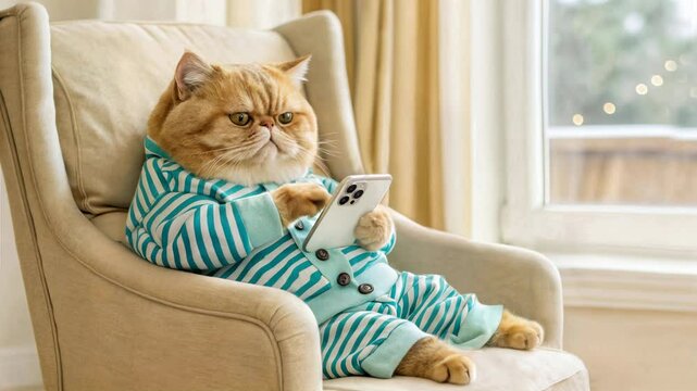 Funny fluffy cat wearing striped pajamas sitting in armchair holding smartphone relaxed domestic scene humorous pet concept with cozy morning atmosphere