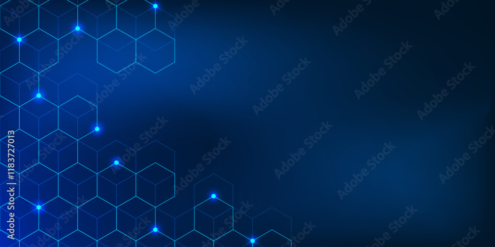 Poster digital technology with hexagon geometric pattern on dark blue background with gradient texture. blu