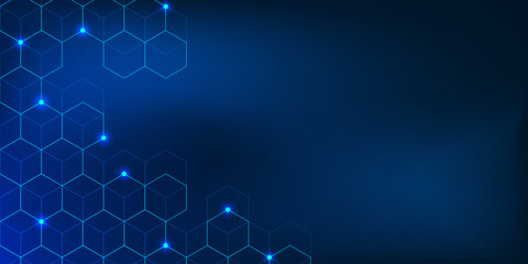 Digital technology with hexagon geometric pattern on dark blue background with gradient texture. Blue color creates a modern and futuristic look
