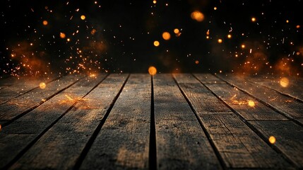 Wooden fire and bokeh lights.