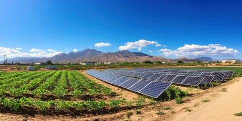 solar panels in meadow, blue sky, mountains in the background