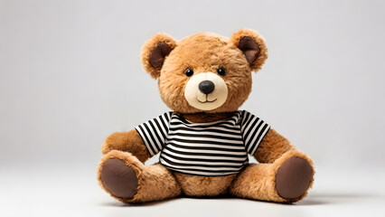 Obraz premium A trendy teddy bear is striking a pose in a striped shirt, showcasing its fashionable side. Its soft fur and relaxed posture make it a versatile image.