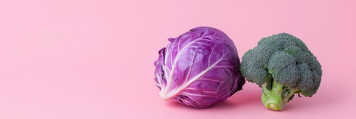Purple cabbage and green broccoli against a pink background