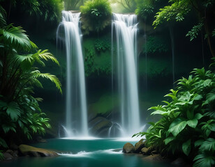 A cascading waterfall surrounded by lush greenery.