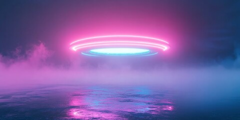 UFO with neon lights flying over the ground, pink and blue colors, foggy background