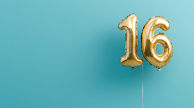 Banner with number 16 golden balloon with copy space, sixteen years anniversary celebration concept on a blue background