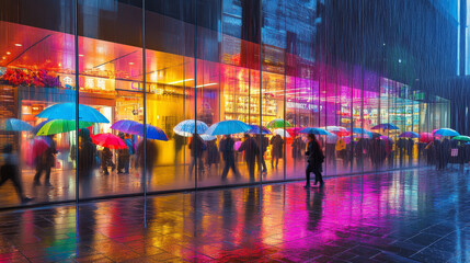 A bustling street scene with pedestrians under colorful umbrellas against a backdrop of rain-soaked glass panels.