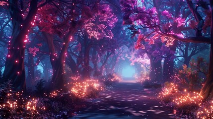 Fototapeta premium Enchanted forest path illuminated by colorful lights, creating a magical and serene atmosphere for exploration.