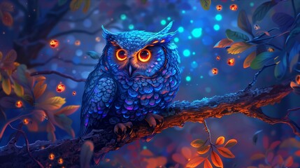 Fototapeta premium Enchanting blue owl perched on a branch, surrounded by glowing foliage, capturing the magic of a serene night.