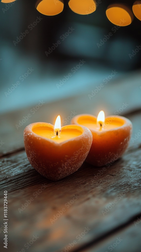 Poster two heart-shaped candles flicker softly, casting a warm glow on a rustic wooden table. their golden 