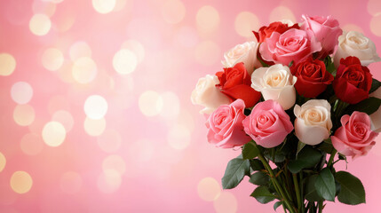 bouquet of roses in soft focus with gentle bokeh background, featuring pink, red, and white roses, creating romantic and elegant atmosphere