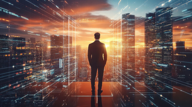 A businessman stands in front of a cityscape, surrounded by digital data, technology, and a global network concept