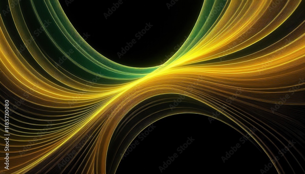 Poster intertwined golden and green light trails on a black background, forming an abstract flowing wave pa