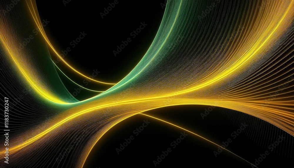 Poster intertwined golden and green light trails on a black background, forming an abstract flowing wave pattern with dynamic energy and depth


