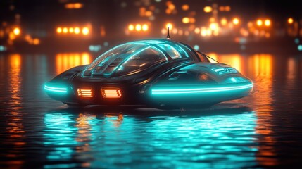 Obraz premium Futuristic Amphibious Vehicle on Cityscape Waters at Night